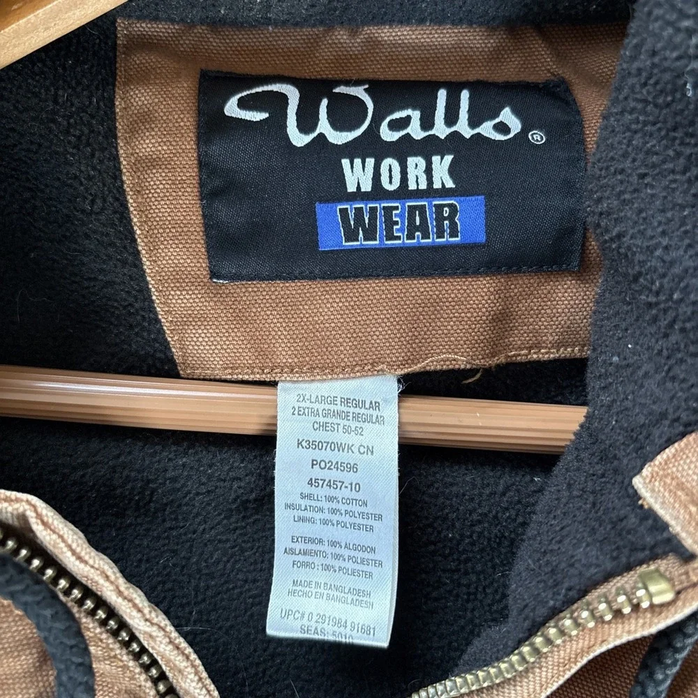 Vtg Walls Work Wear Jacket Men‎ 2XL Brown Duck Canvas Fleece Lined Hooded Grunge